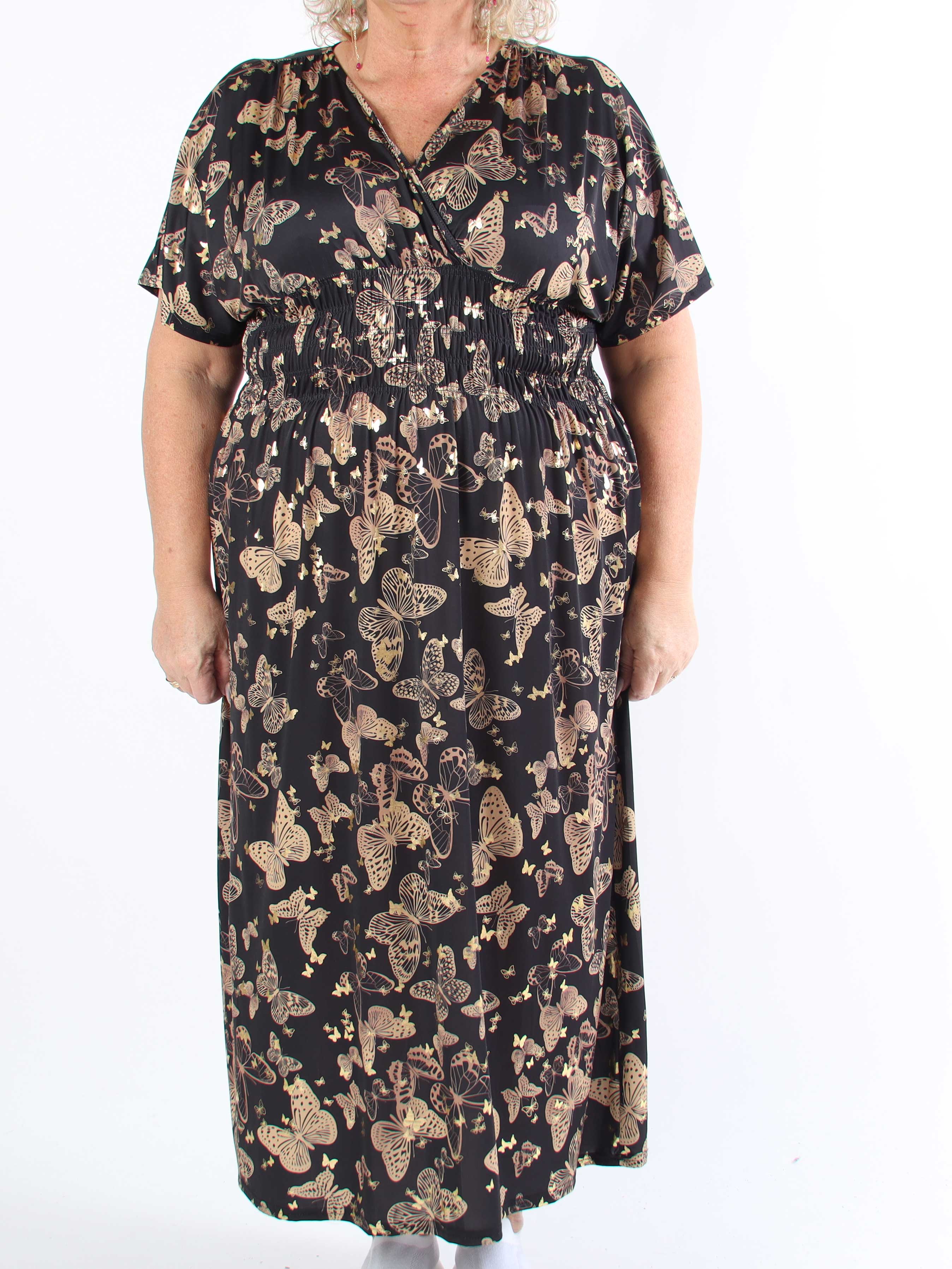 Pams Butterfly - Lang elastisk plus size kjole med smock i livet